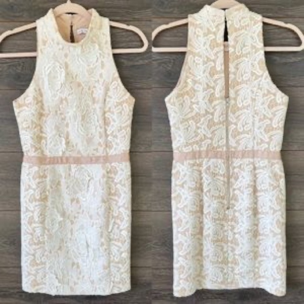 English Factory Tan with a white Lace Overlay Sleeveless Dress